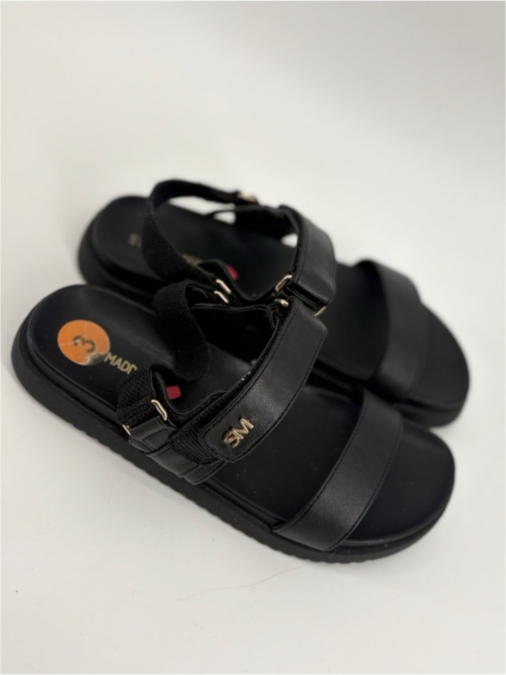 Women's Black Strap Sandals with Logo Accent